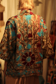 GINEVRA EMBROIDERED KANTHA KIMONO RED AND BLUE