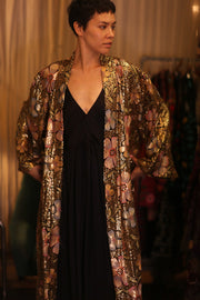 EMBROIDERED SILK KIMONO FLOWERS GOLDEN