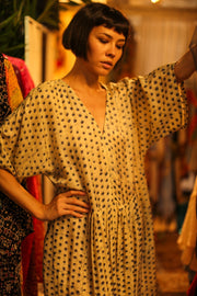 BLOCK PRINT SILK KAFTAN DRESS LIA - sustainably made MOMO NEW YORK sustainable clothing, kaftan slow fashion