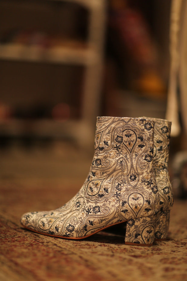 BLUE WHITE SILK EMBROIDERED BOOTS SCOOBERT - sustainably made MOMO NEW YORK sustainable clothing, boots slow fashion