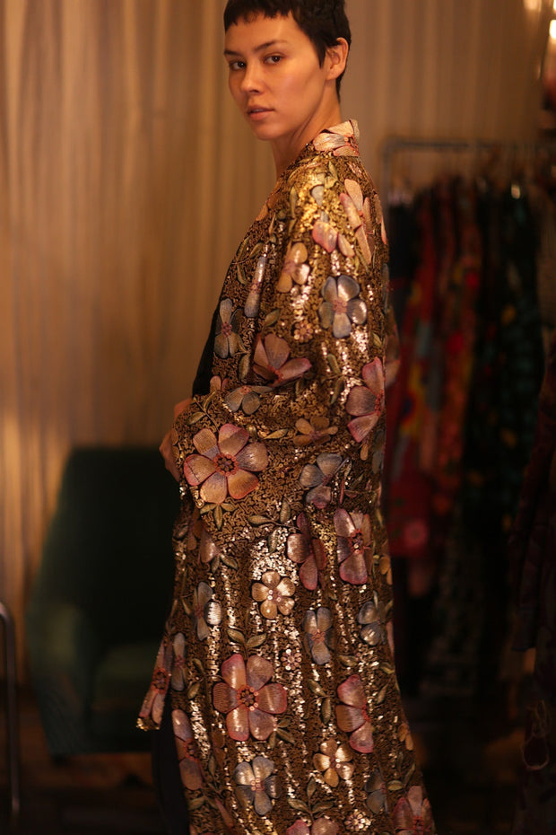 EMBROIDERED SILK KIMONO FLOWERS GOLDEN - sustainably made MOMO NEW YORK sustainable clothing, kimono slow fashion