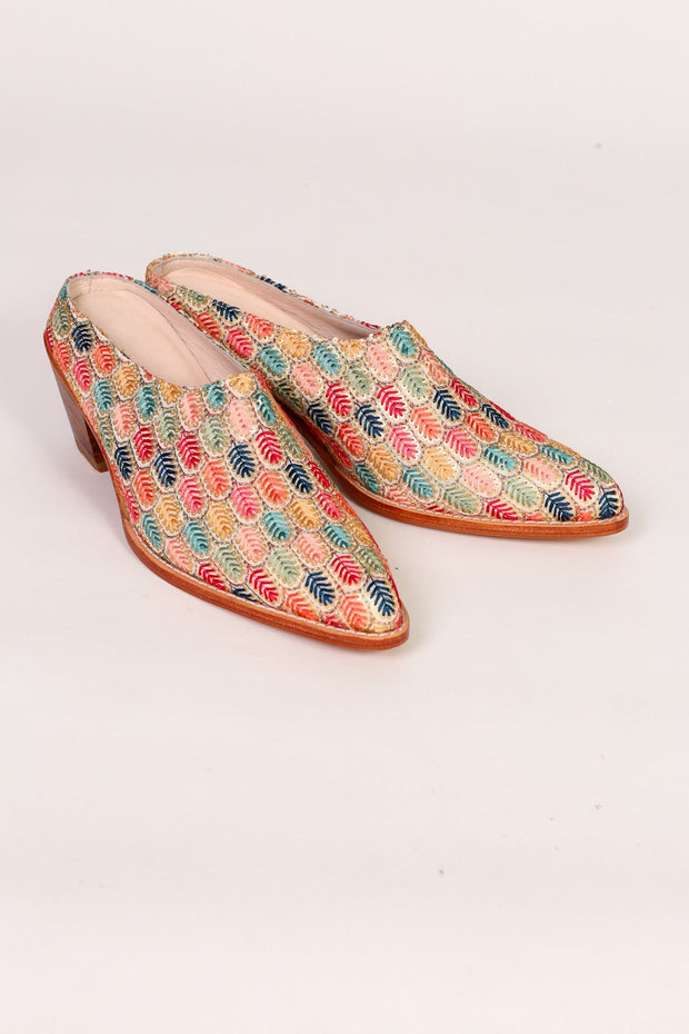 EMBROIDERED WESTERN HEEL MULES TAHIA - sustainably made MOMO NEW YORK sustainable clothing, mules slow fashion