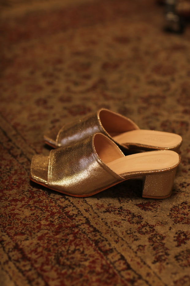 GLITTER GOLD HEELED MULES - sustainably made MOMO NEW YORK sustainable clothing, new slow fashion