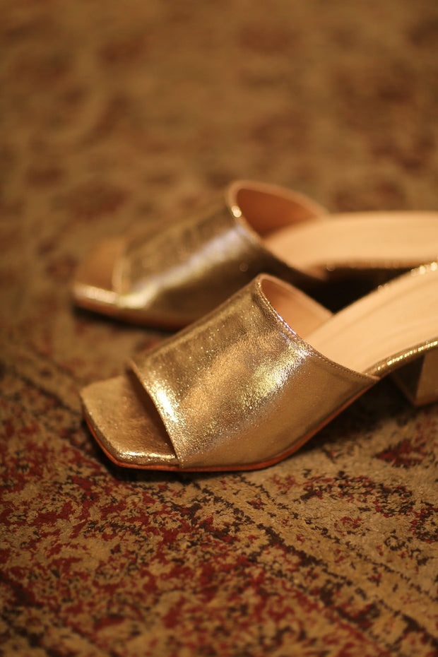 GLITTER GOLD HEELED MULES - sustainably made MOMO NEW YORK sustainable clothing, new slow fashion