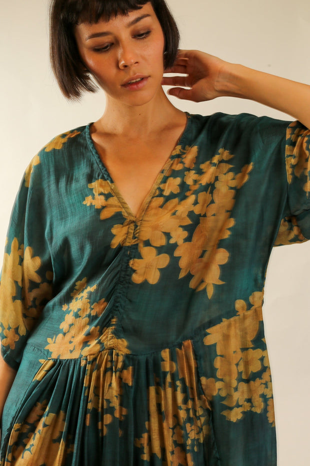 GREEN FLORAL PRINT KAFTAN DRESS GALLERY - sustainably made MOMO NEW YORK sustainable clothing, kafran slow fashion