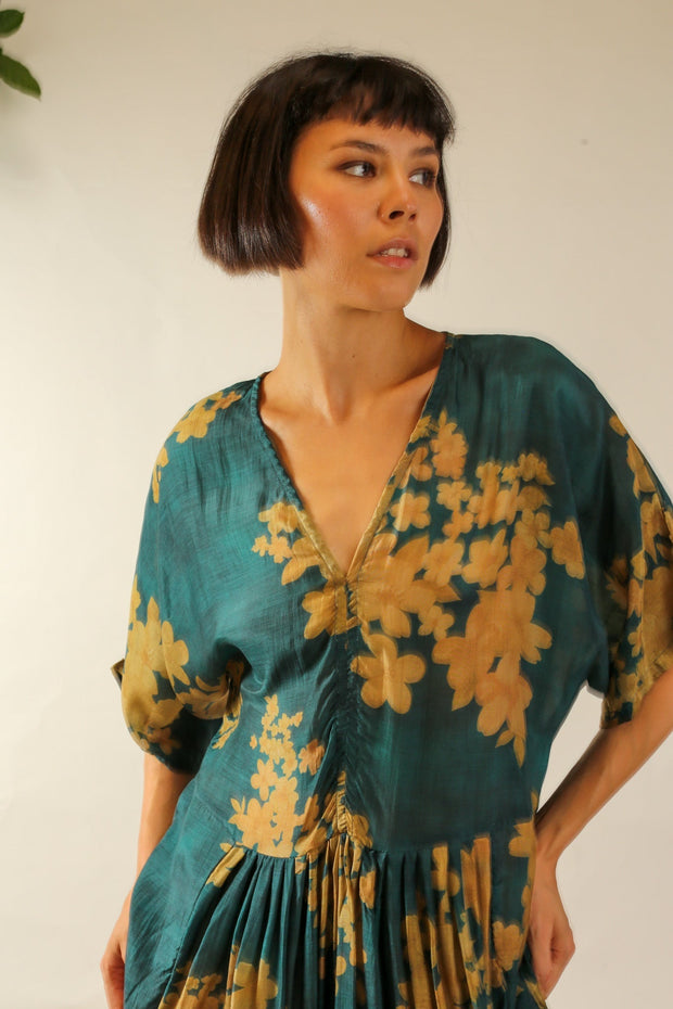 GREEN FLORAL PRINT KAFTAN DRESS GALLERY - sustainably made MOMO NEW YORK sustainable clothing, kafran slow fashion