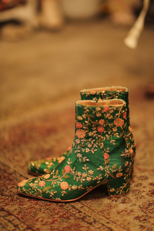 GREEN FLOWER EMBROIDERED SILK BOOTS NIKIO - sustainably made MOMO NEW YORK sustainable clothing, boots slow fashion