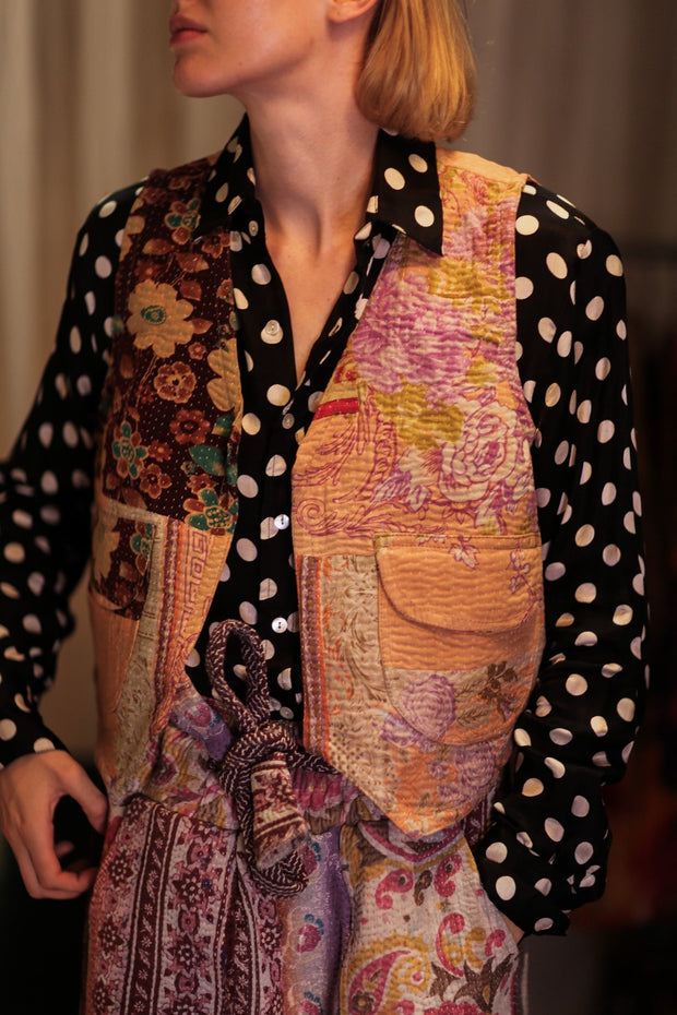 LENA KANTHA TROUSERS PURPLE PATTERN - sustainably made MOMO NEW YORK sustainable clothing, embroidered slow fashion