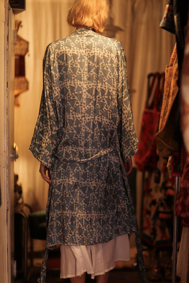 OLIVIA SILK KIMONO GEOMETRIC BLUE - sustainably made MOMO NEW YORK sustainable clothing, new slow fashion