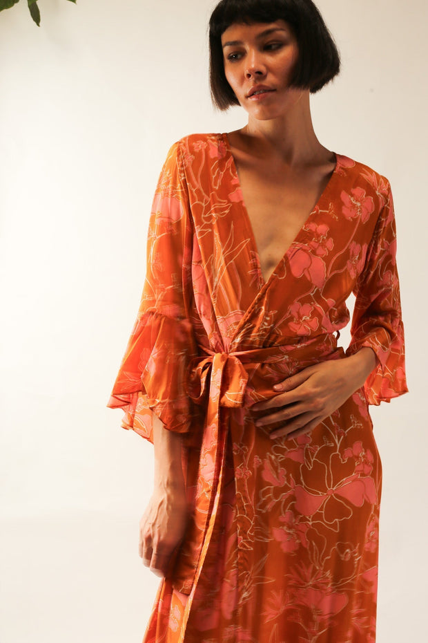 ORANGE SILK WRAP DRESS ULRIS - sustainably made MOMO NEW YORK sustainable clothing, dress slow fashion