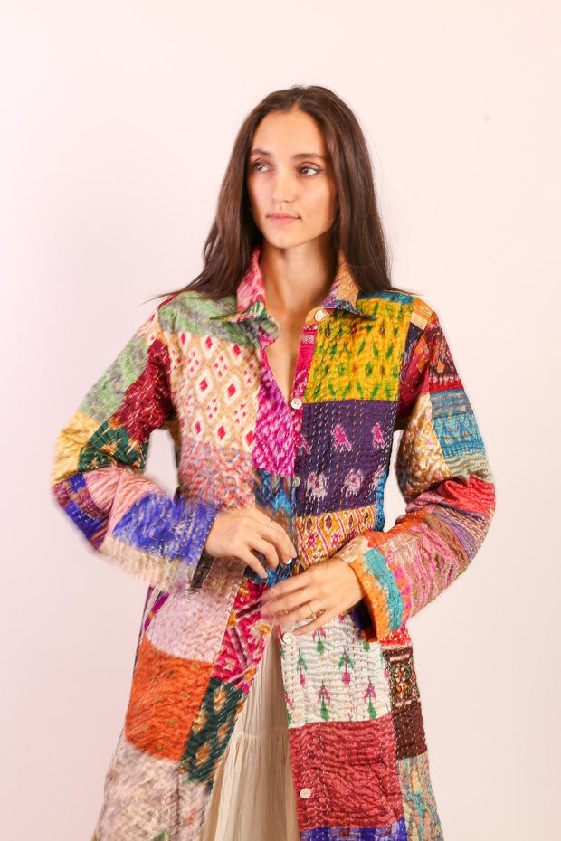 PATCHWORK SILK COAT HILA - sustainably made MOMO NEW YORK sustainable clothing, kantha slow fashion