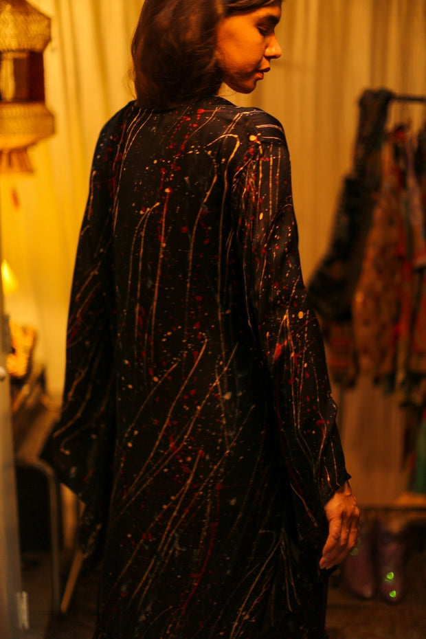 PINA SILK KIMONO BLACK POLLOCK - sustainably made MOMO NEW YORK sustainable clothing, dress slow fashion