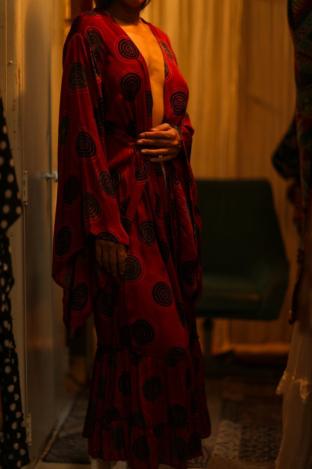 PINA SILK KIMONO RED CIRCLE - sustainably made MOMO NEW YORK sustainable clothing, dress slow fashion