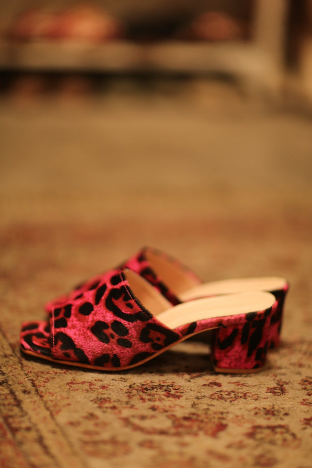 PINK LEO PRINT HEELED MULES - sustainably made MOMO NEW YORK sustainable clothing, slow fashion