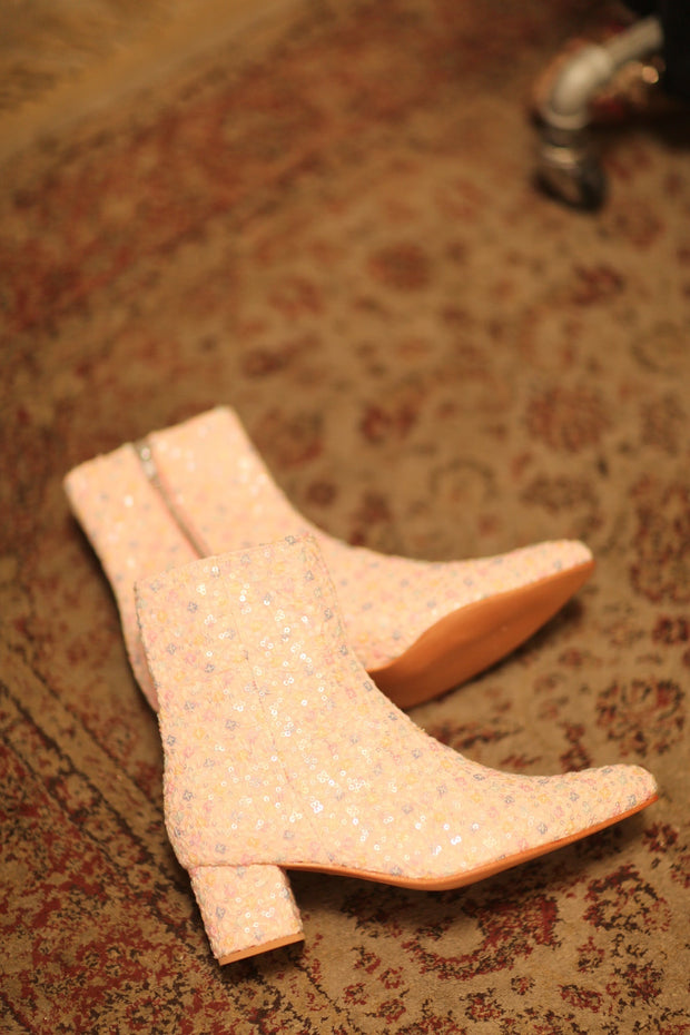 PINK SILK SEQUIN EMBROIDERED BOOTS LEWIS - sustainably made MOMO NEW YORK sustainable clothing, slow fashion