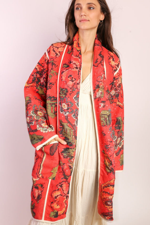 RED KANTHA JACKET COAT IMRA - sustainably made MOMO NEW YORK sustainable clothing, Coat slow fashion