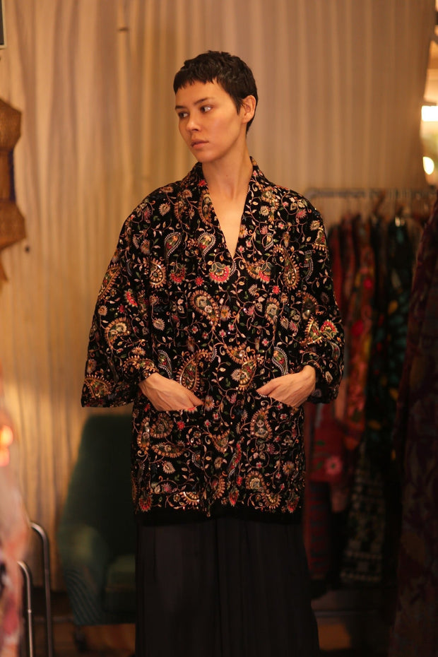 SHORT VELVET EMBROIDERED KIMONO MONA BLACK - sustainably made MOMO NEW YORK sustainable clothing, kimono slow fashion