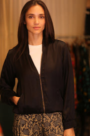 SILK BOMBER JACKET SOLID BLACK - sustainably made MOMO NEW YORK sustainable clothing, coatandjacket slow fashion