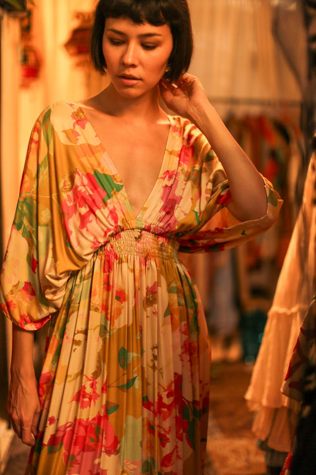 SILK DRESS PINA FLORAL - sustainably made MOMO NEW YORK sustainable clothing, dress slow fashion