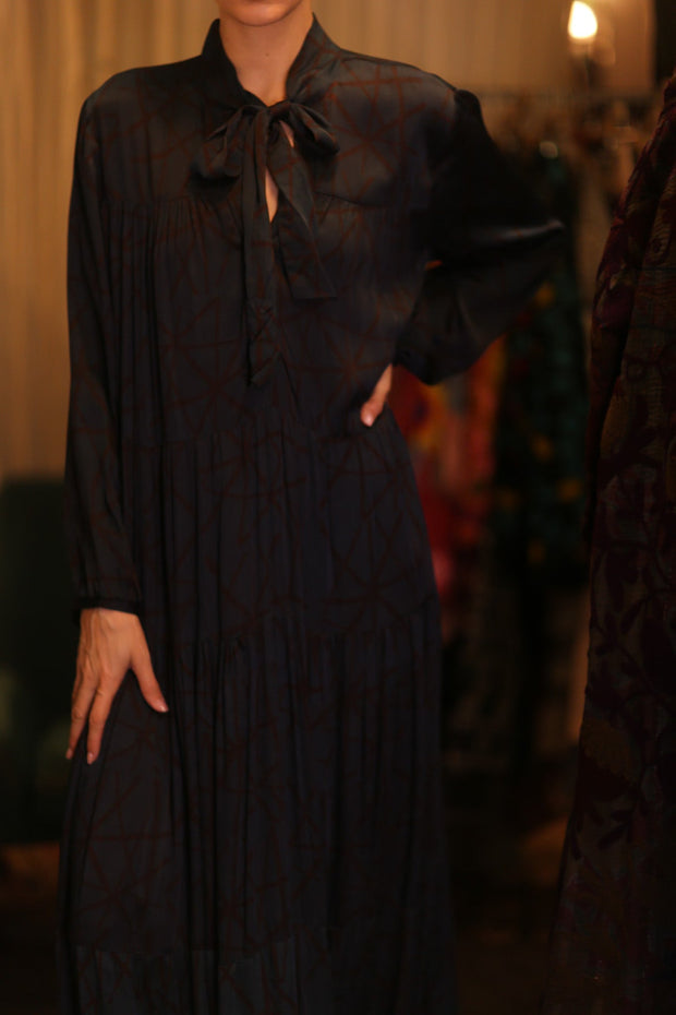SILK MAXI BUTTONED DRESS LOA IRENA - sustainably made MOMO NEW YORK sustainable clothing, Boho Chic Dress slow fashion