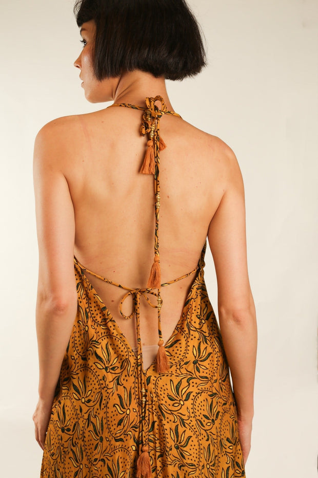 YELLOW SILK OPEN BACK SHOULDER DRESS FRANKIS - sustainably made MOMO NEW YORK sustainable clothing, dress slow fashion