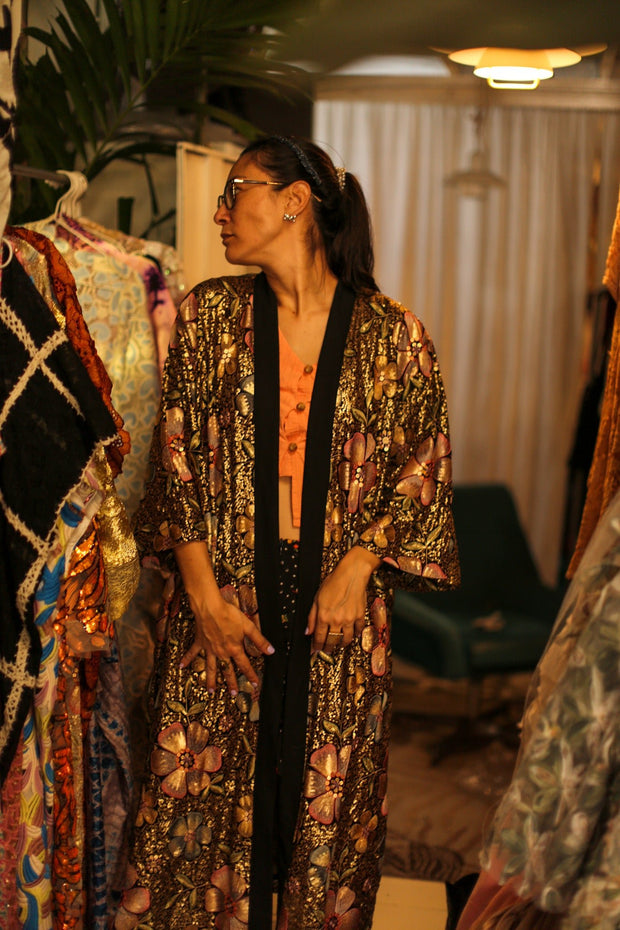 BLACK CHIFFON SILK SEQUIN EMBROIDERED KIMONO - sustainably made MOMO NEW YORK sustainable clothing, slow fashion