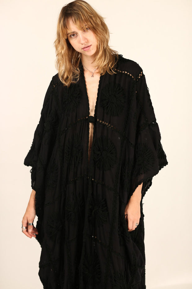 BLACK EMBROIDERED KIMONO DUSTER FLORA CROCHET DETAIL - sustainably made MOMO NEW YORK sustainable clothing, Kimono slow fashion