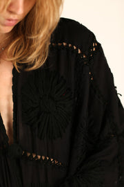 BLACK EMBROIDERED KIMONO DUSTER FLORA CROCHET DETAIL - sustainably made MOMO NEW YORK sustainable clothing, Kimono slow fashion