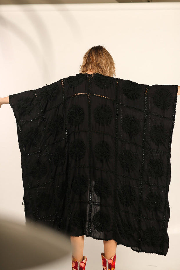 BLACK EMBROIDERED KIMONO DUSTER FLORA CROCHET DETAIL - sustainably made MOMO NEW YORK sustainable clothing, Kimono slow fashion