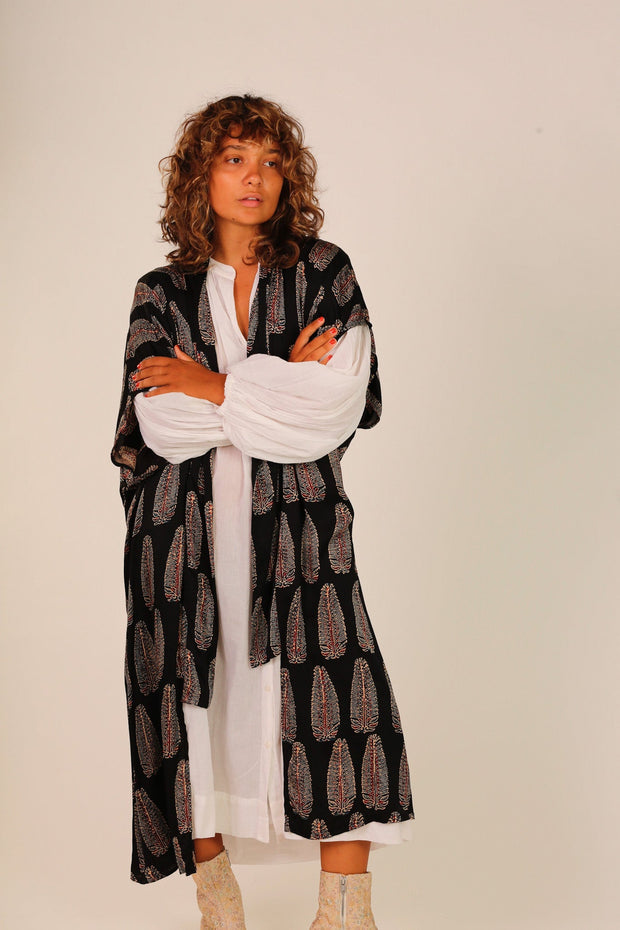 BLACK SILK FEATHER PRINT KIMONO WYNN - sustainably made MOMO NEW YORK sustainable clothing, Kimono slow fashion