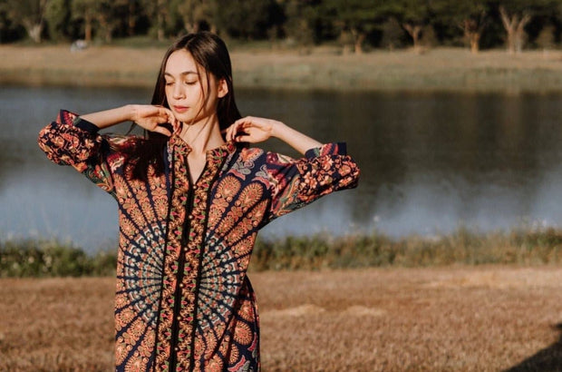 BOHO PATTERN DRESS ADELE - sustainably made MOMO NEW YORK sustainable clothing, cottoncollectionspring2023 slow fashion