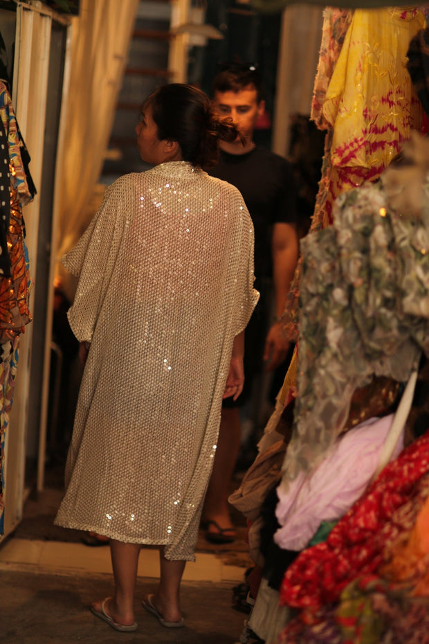 CHIFFON SILK SEQUIN EMBROIDERED KIMONO AENU - sustainably made MOMO NEW YORK sustainable clothing, Kimono slow fashion