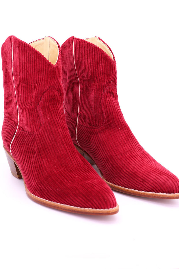 CORDUROY RED BOOTIES LINNEAH - sustainably made MOMO NEW YORK sustainable clothing, boots slow fashion