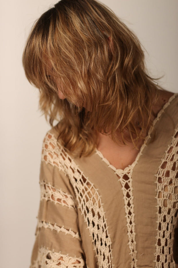 CROCHET KAFTAN SUNKISSED X FREE PEOPLE - sustainably made MOMO NEW YORK sustainable clothing, crochet slow fashion