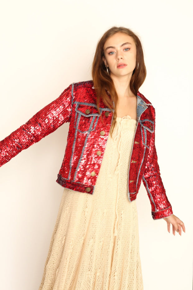 DEMI HAND SEQUIN EMBROIDERED DENIM JACKET - sustainably made MOMO NEW YORK sustainable clothing, preorder slow fashion