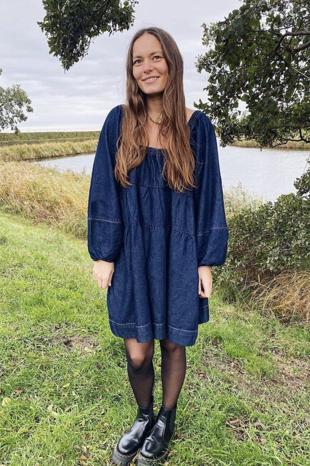 DENIM DRESS VICTORIA - sustainably made MOMO NEW YORK sustainable clothing, kaftan slow fashion