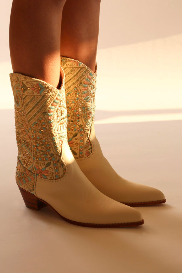 EMBELLISHED EMBROIDERED SILK WESTERN BOOTS MILTON - sustainably made MOMO NEW YORK sustainable clothing, boots slow fashion