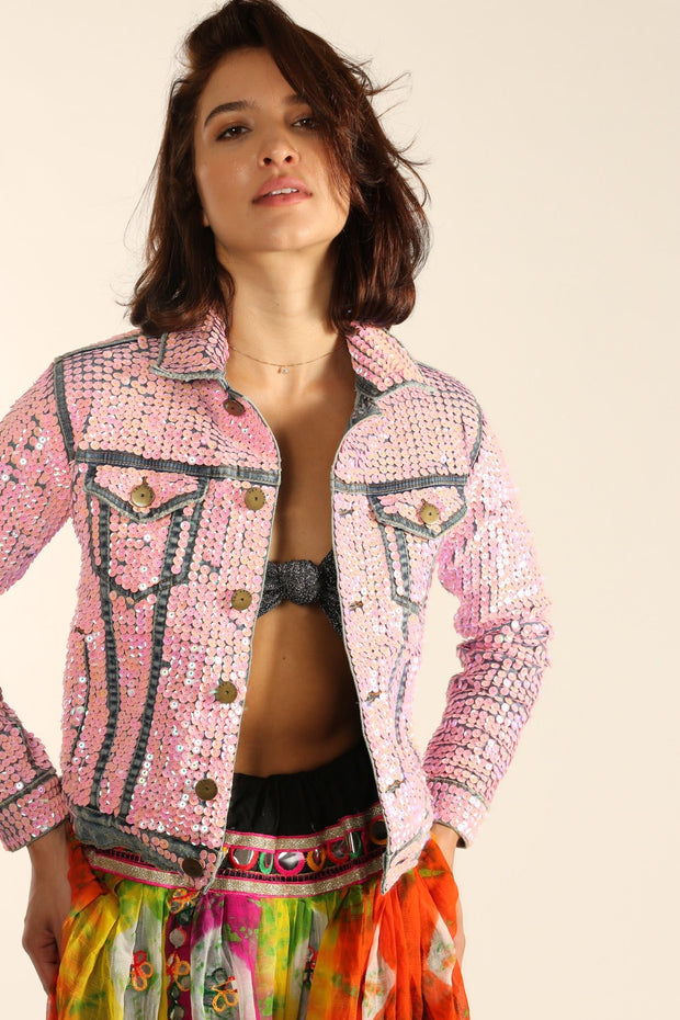 EMBROIDERED DENIM SEQUIN AMY - sustainably made MOMO NEW YORK sustainable clothing, Jacket slow fashion