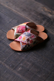 EMBROIDERED LEATHER SLIP ON SANDALS TRIBECA - sustainably made MOMO NEW YORK sustainable clothing, sandals slow fashion