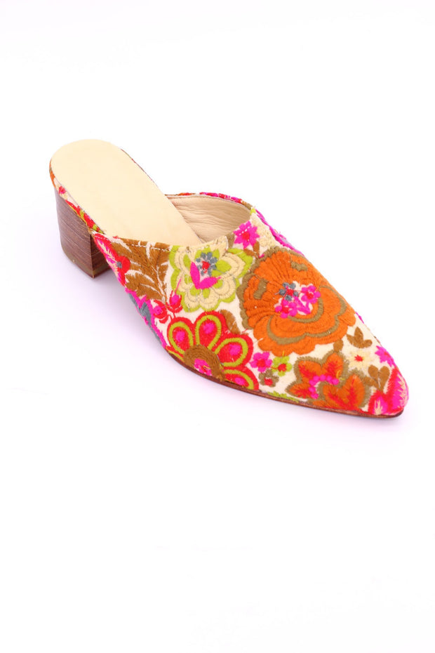 EMBROIDERED HEELED MULES ELLIE - sustainably made MOMO NEW YORK sustainable clothing, mules slow fashion