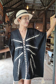 EMBROIDERED PALM TREE KAFTAN ONYX - sustainably made MOMO NEW YORK sustainable clothing, resort2023 slow fashion