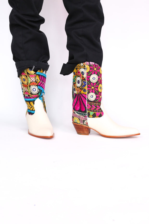 EMBROIDERED PATCHWORK WESTERN BOOTS ANDROMEDA - sustainably made MOMO NEW YORK sustainable clothing, boots slow fashion