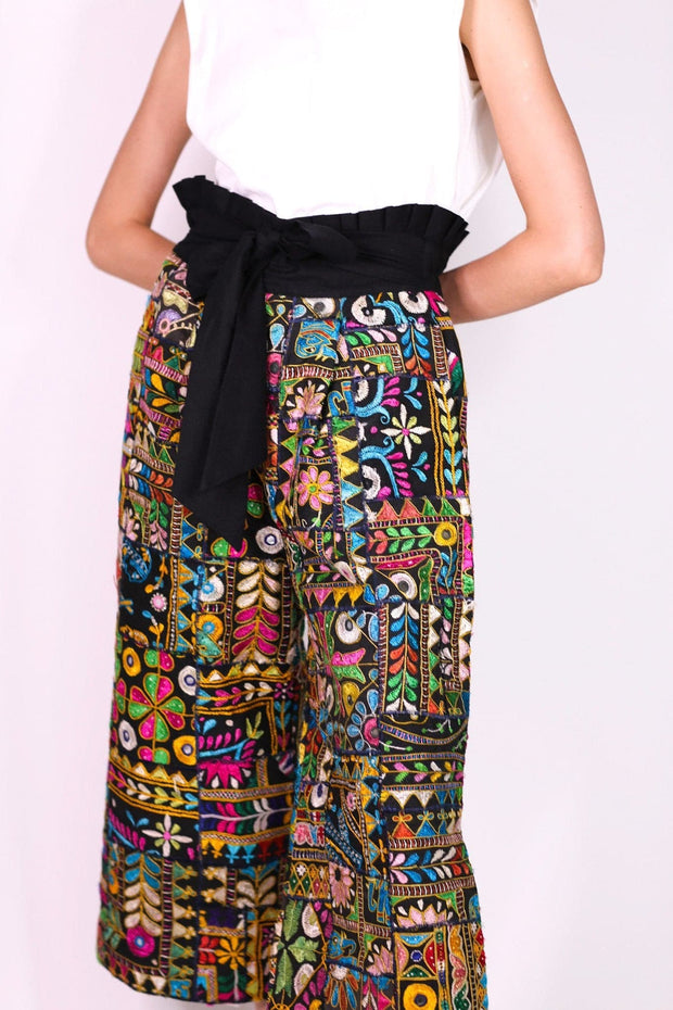 EMBROIDERED PATCHWORK WRAP PANTS BLAIRE - sustainably made MOMO NEW YORK sustainable clothing, pants slow fashion