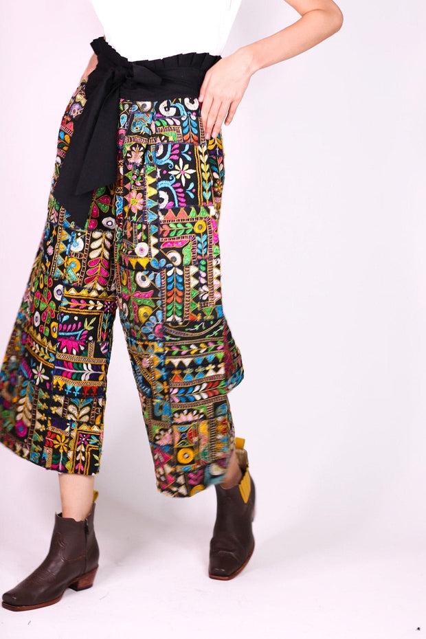 EMBROIDERED PATCHWORK WRAP PANTS BLAIRE - sustainably made MOMO NEW YORK sustainable clothing, pants slow fashion