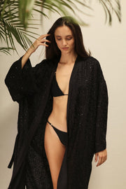 EREBUS BLACK SILK KIMONO - sustainably made MOMO NEW YORK sustainable clothing, kimono slow fashion