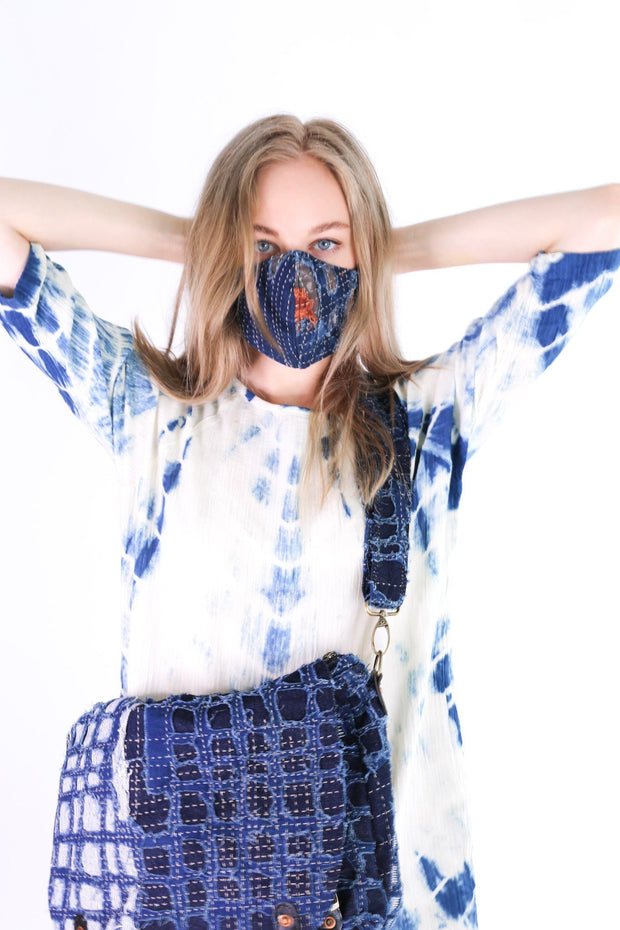 FACE MASK INDIGO PATCHWORK EMBROIDERED - sustainably made MOMO NEW YORK sustainable clothing, offerfm slow fashion