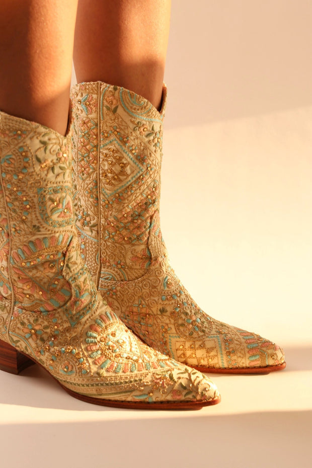 FLOWER SILK EMBROIDERED WESTERN BOOTS EMMAMIL - sustainably made MOMO NEW YORK sustainable clothing, boots slow fashion