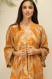 GOLDEN EMBROIDERED SILK KIMONO - sustainably made MOMO NEW YORK sustainable clothing, kimono slow fashion