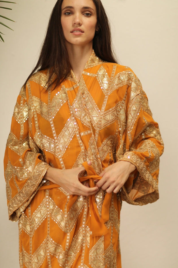 GOLDEN EMBROIDERED SILK KIMONO - sustainably made MOMO NEW YORK sustainable clothing, kimono slow fashion