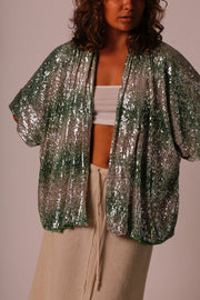 GREEN SEQUIN SHORT KIMONO LUKA - sustainably made MOMO NEW YORK sustainable clothing, Kimono slow fashion